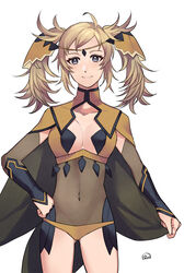  absurdres ahoge alternate_hairstyle ass_visible_through_thighs bad_id bad_pixiv_id blonde_hair bodystocking breasts bridal_gauntlets cape closed_mouth covered_navel female fire_emblem fire_emblem_fates fire_emblem_heroes gold_panties grey_eyes highres holding holding_cape holding_clothes looking_at_viewer medium_breasts ophelia_(fire_emblem) panties runteya solo thighs turtleneck twintails underwear upper_body yellow_panties 