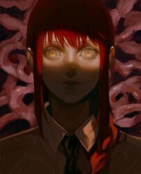  black_necktie braid braided_ponytail chainsaw_man collared_shirt dark dark_background eulbhitomi eye_focus female highres intestines looking_at_viewer makima_(chainsaw_man) medium_hair necktie ringed_eyes shirt sidelocks sinister solo spotlight white_shirt yellow_eyes 