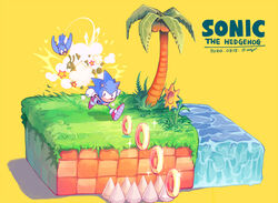  1boy aimf bird coconut coconut_tree commentary copyright_name dated flicky_(character) flicky_(series) flower furry furry_male grass green_hill_zone leaf palm_tree ring_(sonic) running shadow signature sonic_(series) sonic_the_hedgehog sonic_the_hedgehog_(classic) sparkle spikes star_(symbol) symbol-only_commentary tree twitter_username water yellow_background yellow_flower 