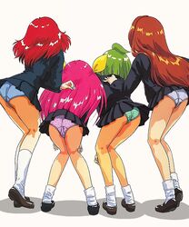  4girls ai_tenshi_densetsu_wedding_peach angel_daisy angel_lily angel_salvia ass back black_footwear black_skirt blazer blue_panties bobby_socks brown_footwear brown_hair green_hair green_panties hanasaki_momoko hand_on_another&#039;s_back hunched_over jacket knees_together_feet_apart loafers long_hair long_sleeves microskirt multiple_girls panties pink_hair pink_panties plaid plaid_panties pleated_skirt polka_dot polka_dot_panties red_hair scarlet_ohara school_uniform shoes short_hair simple_background skirt socks standing striped_clothes striped_panties tamano_hinagiku tanima_yuri underwear wedding_peach white_background white_panties white_socks 