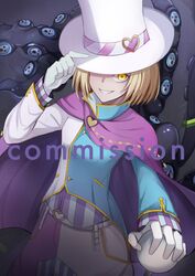  1boy absurdres akiba&#039;s_beat blonde_hair cape evil_smile hand_on_headwear hat heart heart_necklace highres holding jewelry kanon_(akiba&#039;s_beat) namakisama necklace nyarlathotep_(persona_2) persona persona_2 pink_cape short_hair smile tentacle white_headwear 