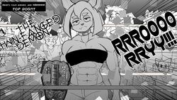  16:9 2022 abs anthro apsel_bluestar audience bandeau canid canine canis championship_belt cheering clothing collar crowd dobermann dog_knight_rpg domestic_dog fangs female fighting_ring greyscale group half-closed_eyes hi_res mammal monochrome muscular muscular_anthro muscular_arms muscular_female narrowed_eyes pinscher rory_(ceehaz) solo_focus teeth topwear widescreen wrestler 