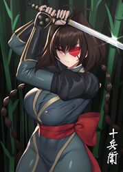  ahoge arm_guards arms_up bamboo bamboo_forest bandages black_gloves bodysuit braid breasts brown_hair cleavage closed_mouth covered_nipples curvy eyepatch female fighting_stance fingerless_gloves forest gloves grey_bodysuit hair_between_eyes hair_intakes heart heart_eyepatch highres holding holding_sword holding_weapon jubei-chan k_jin large_breasts long_hair nanohana_jiyuu nature ninja pelvic_curtain sash solo sword thick_thighs thighs translation_request twin_braids weapon yellow_eyes 