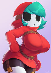  absurdres belt black_legwear blue_hair breasts cranihum female gloves highres large_breasts looking_at_viewer mario_(series) mask red_gloves red_hood shortstack shy_gal solo thick_thighs thighs 