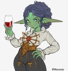  alcohol amelia_(roxxxan) black_pants blouse blue_nails blush closed_mouth colored_skin cowboy_shot cup drinking_glass earrings female female_goblin fewer_digits fingernails goblin green_skin heterochromia holding holding_cup jewelry long_pointy_ears long_sleeves looking_at_viewer nail_polish narrow_waist original pants pointy_ears purple_eyes purple_hair roxxxan shirt simple_background solo white_background white_shirt wine wine_glass yellow_eyes 