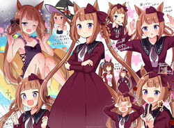  +_+ 2girls ;p akanbe alternate_costume animal_ears black_headwear blush bow braid braided_hair_rings brown_hair casual_one-piece_swimsuit commentary_request cosplay crying daiwa_scarlet_(umamusume) enkichi_totan eyelid_pull flower hair_ornament hair_ribbon hair_rings hairbow hand_up hands_on_own_face hands_on_own_hips hat hat_bow highres horse_ears horse_girl horse_tail long_hair looking_at_viewer multiple_girls official_alternate_costume one-piece_swimsuit one_eye_closed open_mouth puff_of_air ribbon rose rubbing_eyes sparkle sparkling_eyes star_(symbol) sweep_tosho_(monopolizing_the_chill?)_(umamusume) sweep_tosho_(umamusume) swimsuit tail tiara tongue tongue_out translation_request twintails umamusume water witch_hat 