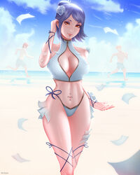  2boys beach bikini blue_hair breasts cleavage day eyeshadow female flower hair_bun hair_flower hair_ornament halterneck hand_in_own_hair highres konan_(naruto) labret_piercing large_breasts looking_at_viewer makeup male_swimwear mcdobo multiple_boys nagato_(naruto) nail_polish naruto_(series) navel_piercing ocean orange_eyes orange_hair outdoors paper piercing red_hair running sand short_hair single_hair_bun single_side_bun smile solo_focus summer swim_trunks swimsuit water wide_hips yahiko_(naruto) 