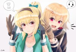  2girls artist_name blonde_hair bow cosplay ear_protection gamryous girls&#039;_frontline gloves green_hairband hairband hairbow highres holding iris_(material_sniper) jacket long_hair material_sniper multicolored_clothes multicolored_gloves multiple_girls ponytail red_eyes scw_(girls&#039;_frontline) smile sv-98_(girls&#039;_frontline) 