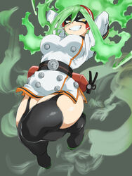  black_mask boku_no_hero_academia breasts burnin_(boku_no_hero_academia) curvy domino_mask eye_mask eyebrows_visible_through_mask female fiery_hair fire_extinguisher fukuinu gradient_hair green_hair grin highres looking_at_viewer mask multicolored_hair smile solo steam studded thighs underboob 