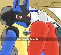  absurd_res anthro ass blue_body blue_fur canid canine car car_interior chest_spike cinderace colored digital_drawing_(artwork) digital_media_(artwork) duo fur generation_4_pokemon generation_8_pokemon he_wants_to_order hi_res inside_car lagomorph lucario male male/male mammal meme mr_fuwa nintendo pokemon pokemon_(species) red_body red_eyes red_fur selfie spikes spikes_(anatomy) vehicle white_body white_fur 