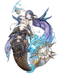  aqua_eyes belt breasts earrings female fins full_body jewelry ji_no large_breasts long_hair looking_at_viewer mermaid_costume ningyo_hime_(sinoalice) official_art purple_hair sailor_collar scales sinoalice solo staff teeth transparent_background upper_teeth_only very_long_hair water 