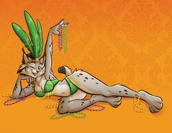  2022 anthro bikini breasts canadian_lynx carnival_(holiday) clothed clothing countershading felid feline felis female holidays lying lynx mammal mardi_gras nicnak044 on_side one_eye_closed orange_background simple_background solo swimwear 