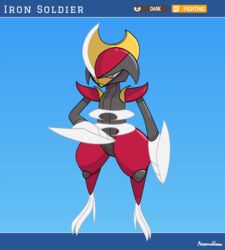  ambiguous_gender bisharp blade digital_media_(artwork) english_text fakemon future_pokemon generation_5_pokemon grey_body hi_res humanoid moonabloom mouth_closed nintendo not_furry paradox_pokemon pokemon pokemon_(species) red_body simple_background solo text weapon 