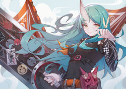  abstract_background absurdres alternate_costume arknights banner belt belt_pouch black_bodysuit blue_hair blush bodysuit breasts closed_mouth female hand_up highres holding holding_sword holding_weapon horns hoshiguma_(arknights) hoshiguma_(ronin_huntress)_(arknights) huge_weapon long_hair looking_at_viewer mask medium_breasts nail_polish official_alternate_costume oni_mask photoshop_(medium) pink_nails pouch puzzle_piece saw272 single_horn skin-covered_horns smile solo sword underbust upper_body very_long_hair weapon yellow_eyes 