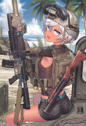  40mm_grenade armpits assault_rifle bare_legs beach belt blue_sky breasts bulletproof_vest cloud commentary_request dark-skinned_female dark_skin day denim denim_shorts elcan_scope female from_behind globes goggles goggles_on_headwear grenade_launcher gun gun_sling helmet highres holding holding_gun holding_weapon laser_sight m203 m4_carbine m4_sopmod_ii m79 magazine_(weapon) midriff ocean oerba_yun_fang on_vehicle open_mouth original outdoors palm_tree pmag purple_eyes rifle samaru_(seiga) sand short_shorts shorts sideboob sitting sitting_on_car skin_fang sky small_breasts smile solo sunlight suppressor thighs tree underbarrel_grenade_launcher water weapon white_hair 