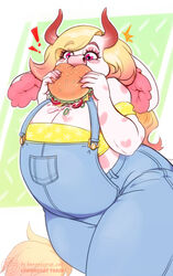  anthro armband bananasyrup_cat blonde_hair blue_clothing blue_overalls bovid bovid_horn bovine bovine_horn breasts burger cattle cleavage clothed clothing cow_ears cow_horn eating eyeshadow female food hair hi_res horn long_hair makeup mammal obese obese_female overalls overweight overweight_female pink_eyes pink_eyeshadow pink_nose pink_spots simple_background solo spots tail tail_tuft tuft white_body yellow_armband yellow_clothing yellow_tuft 