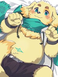  3:4 anthro begging begging_pose belly bird_dog blush bottomwear canid canine canis clothing cu_sith_(tas) domestic_dog fur golden_retriever green_eyes hi_res hunting_dog lifewonders lying male mammal on_back pose retriever scarf shorts slightly_chubby solo tail tail_between_legs tokyo_afterschool_summoners wieneko138226 yellow_body yellow_fur 