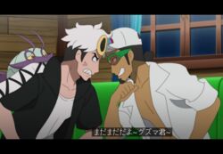  2boys anger_vein baseball_cap black_hair black_jacket clenched_teeth couch eye_contact eyewear_on_head face-to-face fake_screenshot guzma_(pokemon) hair_bun hat hood hooded_jacket indoors jacket kukui_(pokemon) lab_coat letterboxed looking_at_another male_focus multicolored_hair multiple_boys noyeshr official_style pokemon pokemon_(anime) pokemon_(creature) pokemon_on_back pokemon_sm_(anime) shirt short_sleeves single_hair_bun sitting subtitled sunglasses team_skull teeth translation_request two-tone_hair undercut white_hair white_headwear white_shirt wimpod window yellow-framed_eyewear 