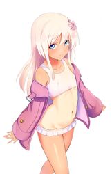  absurdres bangs bare_shoulders bikini blue_eyes blush bow breasts closed_mouth commentary_request eyebrows_visible_through_hair female groin hair_between_eyes hair_ornament hairbow highres jacket kantai_collection long_hair long_sleeves looking_at_viewer moose_(moosemitchell2) navel off_shoulder one-piece_tan ro-500_(kantai_collection) simple_background small_breasts smile solo stomach swimsuit swimsuit_under_clothes tan tanline white_background 