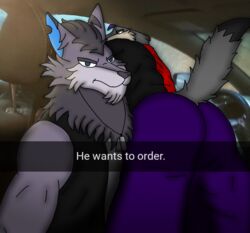  anthro ass canid canine canis car car_interior doodle_world drive-thru duo fur grey_body grey_fur hair he_wants_to_order inside_car male male/male mammal meme nicolasthewolf purple_hair roblox selfie tufflaze vehicle wolf 