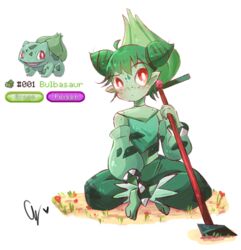  ahoge bright_pupils broom bulbasaur choker colored_skin cone_hair_bun crop_top detached_sleeves double_bun endifi female flower freckles green_hair green_pants green_skin hair_bun holding holding_broom midriff pants personification pointy_ears pokemon puffy_pants puffy_sleeves red_flower reference_inset sitting spiked_anklet white_background white_pupils 