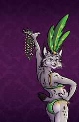  2019 anthro bikini canadian_lynx carnival_(holiday) clothed clothing countershading felid feline felis female hi_res holidays lynx mammal mardi_gras nicnak044 purple_background simple_background solo swimwear tagme 