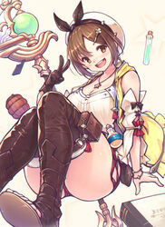  :d atelier_(series) atelier_ryza atelier_ryza_1 beret book boots bracelet breasts brown_eyes brown_gloves brown_hair cleavage female fingerless_gloves flask foot_out_of_frame gloves gogatsu_no_renkyuu hair_ornament hairclip hat highres jacket jewelry large_breasts leather leather_gloves looking_at_viewer necklace open_mouth red_shorts reisalin_stout round-bottom_flask short_hair short_shorts shorts simple_background single_glove sleeveless sleeveless_jacket smile solo staff star_(symbol) star_necklace test_tube thigh_boots thighhighs thighhighs_under_boots toeless_footwear toes v white_hat yellow_jacket 