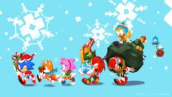  5boys ;) amy_rose animal_nose armadillo bird blue_background blue_hat carrying christmas commentary earmuffs english_commentary eyelashes fake_antlers female flicky_(character) flicky_(series) flying_squirrel fox furry gift gloves hairband hat hedgehog highres knuckles_the_echidna mighty_the_armadillo multiple_boys official_art one_eye_closed orange_skirt pink_fur pink_hair ray_the_flying_squirrel sack santa_costume santa_hat scarf shoes simple_background sitting skirt smile sneakers snowflakes sonic_(series) sonic_mania sonic_mania_adventures sonic_the_hedgehog sonic_the_hedgehog_(classic) squirrel tails_(sonic) tyson_hesse walking watermark white_gloves 