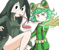  2girls asui_tsuyu asui_tsuyu_(cosplay) bare_legs black_eyes bodysuit boku_no_hero_academia breasts color_connection commentary_request cosplay costume_switch dress flat_chest frog_girl from_side gloves goggles goggles_on_head green_bodysuit green_eyes green_hair long_hair long_tongue multiple_girls no_panties one-punch_man side_slit simple_background small_breasts tatsumaki tatsumaki_(cosplay) thighs tongue uranoyoru very_long_tongue voice_actor_connection white_background yuuki_aoi 