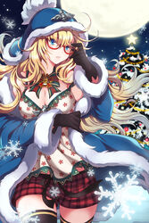  black_gloves blonde_hair blue_eyes bow breasts christmas christmas_tree cleavage commentary_request female full_moon fur_trim glasses gloves hat highres jacket large_breasts long_hair moon night outdoors pine_tree quartermaster_knight red-framed_eyewear red_shorts ribbon shorts sky snowflakes snowing solo star_(symbol) sword_girls thighhighs tree wooni 