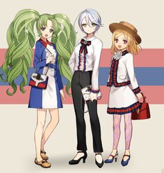  3girls :d bad_id bad_twitter_id bag belt black_footwear black_pants blonde_hair blue_dress bow bowtie collared_dress commentary_request dress drill_hair falulu falulu_(awakened) gambe green_eyes green_hair grey_eyes grey_hair hair_between_eyes handbag high-waist_pants high_heels holding jacket long_hair long_sleeves looking_at_viewer midorikaze_fuwari multiple_girls open_mouth pants pink_eyes pretty_series pripara shikyoin_hibiki shirt shoes short_hair shoulder_bag smile twin_drills twintails white_shirt 