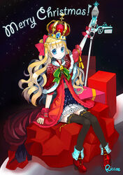  arched_crown blonde_hair blue_eyes blush capelet christmas commentary_request crown dress female gift hat jeweled_crown long_hair merry_christmas original photoshop_(medium) red_crown riccae sack santa_costume santa_hat sitting smile solo thighhighs wand 