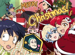  3girls 5boys antlers bad_id bad_pixiv_id blue_hair christmas christmas_tree cross-shaped_pupils darry_adai gift gimmy_adai hair_ornament hat horns hug kamina_(ttgl) leeron_littner merry_christmas multicolored_hair multiple_boys multiple_girls nia_teppelin one_eye_closed red_hair reindeer_antlers rossiu_adai santa_costume santa_hat scarf simon_(ttgl) slippers symbol-shaped_pupils tengen_toppa_gurren_lagann tsuji_(ksi03164) two-tone_hair yoko_littner 