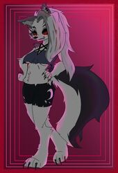  anthro bottomwear breasts canid canid_demon canine claws clothed clothing demon digitigrade ear_piercing ear_ring eyebrow_piercing eyebrow_ring facial_piercing female fluffy fluffy_tail fur grin hair hand_on_hip heart_eyes heart_symbol hellhound helluva_boss hi_res loona_(helluva_boss) mammal midriff mythological_canine mythological_creature mythology pentagram_top piercing red_eyes ring_piercing shorts smile solo tail teeth toe_claws topwear under_boob viofsa white_body white_fur white_hair 