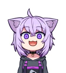  :3 :d ahoge animal_ear_fluff animal_ears breasts cat_ears collar commentary_request female hair_between_eyes hololive hood hoodie kagelantern looking_at_viewer nekomata_okayu nekomata_okayu_(1st_costume) onigiri_print open_mouth purple_eyes purple_hair smile solo transparent_background upper_body virtual_youtuber wide-eyed 