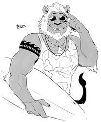  animal_crossing anthro anthrofied bud_(animal_crossing) eyewear male mane monochrome muscular muscular_anthro muscular_male nintendo seiryuuden solo sunglasses surfboard surfer vehicle watercraft 