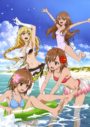  4girls :d absurdres armpits arms_up bag barefoot bikini bikini_skirt blonde_hair blue_bikini blue_sky braid breasts bright_pupils brown_eyes brown_hair casual_one-piece_swimsuit cleavage cloud collarbone day dolly_(toaru_kagaku_no_railgun) elbow_gloves floating_hair flower gloves gradient_skirt groin hagiwara_hiromitsu hair_between_eyes hair_flower hair_ornament halterneck handbag hibiscus highres innertube jumping large_breasts long_hair looking_down medium_breasts medium_hair miniskirt misaka_imouto misaka_mikoto multiple_girls navel o-ring ocean one-piece_swimsuit open_mouth outdoors outstretched_arms pink_flower pink_skirt pleated_skirt purple_ribbon red_bikini red_flower ribbon sakamoto_tetsuya sarong shokuhou_misaki siblings sisters skirt sky small_breasts smile sparkling_eyes standing star-shaped_pupils star_(symbol) straight_hair strap_gap summer swim_ring swimsuit symbol-shaped_pupils thighhighs toaru_kagaku_no_railgun toaru_kagaku_no_railgun_t toaru_majutsu_no_index twin_braids twintails underboob very_long_hair wading white_bikini white_gloves white_one-piece_swimsuit white_pupils white_skirt white_thighhighs 