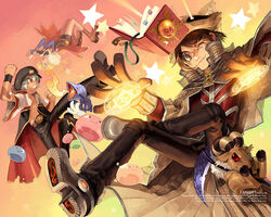  2boys :3 alchemist_(ragnarok_online) angel_wings angeling bangs baphomet_jr black_jacket black_pants blonde_hair blue_gloves book boots breathing_fire brown_cape brown_capelet brown_eyes brown_footwear brown_gloves brown_hair brown_headwear brown_pants cabbie_hat cape cigarette clenched_teeth closed_mouth commentary_request demon dragon drops_(ragnarok_online) elbow_gloves female fingerless_gloves fire full_body fur-trimmed_cape fur_trim gloves grandyoukan hair_between_eyes hat jacket kicking korean_commentary looking_at_another looking_at_viewer looking_to_the_side magic_circle marin_(ragnarok_online) monk_(ragnarok_online) multiple_boys oerba_yun_fang one_eye_closed open_mouth pants petite_(ragnarok_online) poporing poring ragnarok_online red_eyes red_jacket red_shirt sage_(ragnarok_online) scythe shirt shoes short_hair smile star_(symbol) striped_cape striped_capelet teeth two-sided_fabric two-sided_jacket upside-down waist_cape white_hair white_jacket wings 