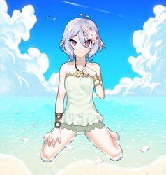  absurdres antenna_hair arm_support armlet bare_shoulders beach bird bracelet casual_one-piece_swimsuit caustics closed_mouth cloud collarbone day elf eyes_visible_through_hair female flower full_body gradient_sky hair_between_eyes hair_flower hair_ornament hand_on_own_chest hand_on_own_thigh highres jewelry kinnexs kneeling kokkoro_(princess_connect!) kokkoro_(summer)_(princess_connect!) looking_at_viewer md5_mismatch one-piece_swimsuit outdoors petals petals_on_liquid photoshop_(medium) pink_eyes pointy_ears princess_connect! purple_hair seagull shallow_water short_hair sky smile solo sparkle split_mouth swimsuit water 