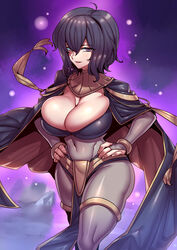  abs absurdres aged_up alternate_costume black_hair bracelet breasts bridal_gauntlets cape cleavage commission cosplay covered_navel female fire_emblem fire_emblem_awakening hands_on_own_hips highres jewelry large_breasts looking_at_viewer mature_female morgan_(female)_(fire_emblem) morgan_(fire_emblem) open_mouth purple_eyes skeb_commission solo standing tharja_(fire_emblem) tharja_(fire_emblem)_(cosplay) tukiwani 