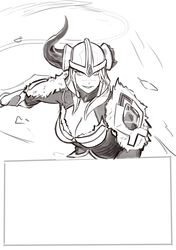  absurdres armor breasts broken_horn cel_da_lin cleavage female fur-trimmed_armor fur_trim greyscale grin helmet highres horns large_breasts league_of_legends long_sleeves monochrome parted_lips scar scar_on_face scar_on_nose sejuani shoulder_plates single_horn smile solo teeth upper_body 