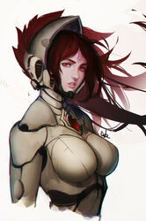  bodysuit breasts distr eldar facial_mark female floating_hair forehead_mark helmet highres large_breasts looking_at_viewer parted_lips red_eyes red_hair signature simple_background solo spacecraft warhammer_40k white_background 