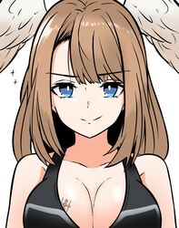  bare_shoulders blue_eyes breasts brown_hair cleavage closed_mouth eunie_(xenoblade) female head_wings highres looking_at_viewer medium_hair smile solo swept_bangs tavi_(hosheezus) upper_body white_background wings xenoblade_chronicles_(series) xenoblade_chronicles_3 