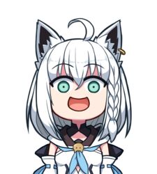  :d ahoge animal_ear_fluff animal_ears braid breasts commentary_request detached_sleeves earrings female fox_ears green_eyes hair_between_eyes hololive jewelry kagelantern long_hair looking_at_viewer open_mouth shirakami_fubuki shirakami_fubuki_(1st_costume) single_earring smile solo transparent_background upper_body virtual_youtuber white_hair wide-eyed 