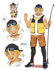  ! 1boy ? animal_crossing animal_ears beaver_ears beaver_tail blonde_hair blue_eyes blush c.j._(animal_crossing) commentary darkgreyclouds eyewear_on_head fishing_rod freckles hat humanization male_focus one_eye_closed open_mouth solo star_(symbol) sunglasses symbol-only_commentary tail teeth white_background 