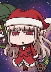  april_fools chibi fate/grand_order fate_(series) female florence_nightingale_(fate) florence_nightingale_(santa)_(fate) green_umbrella hat highres holding holding_umbrella long_hair long_sleeves official_art open_mouth pink_hair red_eyes red_shirt riyo_(lyomsnpmp) santa_hat shirt solo star_(sky) umbrella very_long_hair 