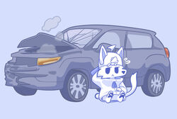  anthro blue_background blue_eyes blue_pawpads bottomless car cheek_tuft chibi clothed clothing damaged_vehicle empty_eyes facial_tuft fur hat headgear headwear hi_res jacket male mouth_closed pawpads rz54 rz54_(rz54) simple_background sitting solo tail topwear tuft vehicle wearing_hat white_body white_clothing white_fur white_hat white_headwear white_jacket white_tail white_topwear 