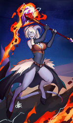  absurdres black_choker black_gloves black_leotard blue_skin blue_sky breasts chest_jewel choker cleavage colored_skin commission distr draenei female fingerless_gloves fire gloves highres holding holding_weapon hooves horns jahlee_(sienna) leotard medium_breasts night night_sky open_mouth partially_fingerless_gloves pointy_ears signature sky solo star_(sky) starry_sky tail two-handed waist_cape warcraft weapon white_eyes white_hair world_of_warcraft 