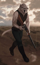  2022 5_fingers anthro black_nose canid canine canis clothed clothing day detailed_background digital_media_(artwork) domestic_dog eyewear fingers glasses gun hi_res holding_gun holding_object holding_ranged_weapon holding_weapon hunting_dog irish_wolfhound laskey lever_action lever_action_rifle male mammal necroizu outside ranged_weapon red_eyes rifle sighthound sky solo weapon 