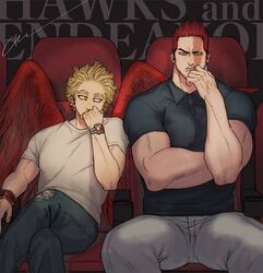  2boys bad_id bad_twitter_id black_shirt blonde_hair blue_eyes boku_no_hero_academia bulge casual commentary contemporary couple endeavor_(boku_no_hero_academia) facial_hair feathered_wings hand_on_own_face hawks_(boku_no_hero_academia) highres jo_tuesday19 male_focus mature_male multiple_boys muscular muscular_male pants pectorals red_hair red_wings scar scar_across_eye scar_on_face shirt short_hair sideburns sitting spiked_hair spread_legs stubble symbol-only_commentary thick_thighs thighs tight_clothes tight_shirt toned toned_male white_pants wings yaoi 